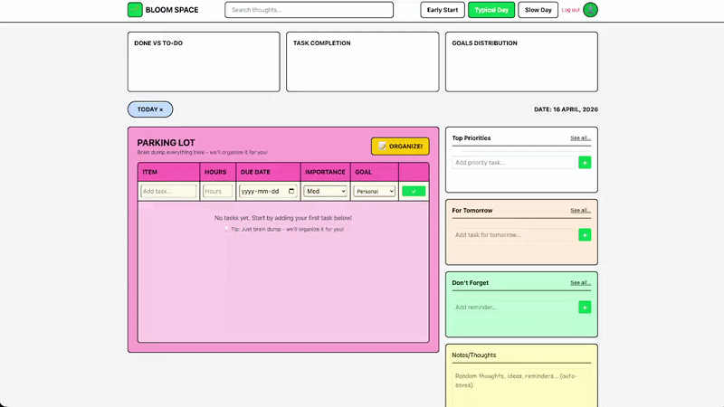 BloomSpace productivity app dashboard demo